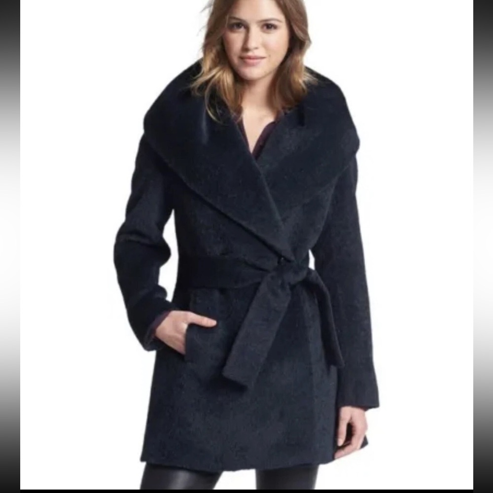 Trina Turk dark teal belted cape coat